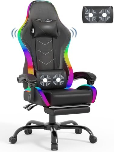 Devoko LED Gaming Stuhl, Cool und Augenschonendes. Ergonomischer Bürostuhl mit Massagefunktion, Teleskop-Fußstütze, Verstellbarem Rückenlehnen von 90-135°,Gamer Stuhl 150 kg belastbarkeit, Schwarz