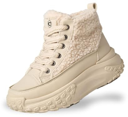 Chouiss Winter Sneakers for Women,Platform Hiking Lightweight Shoes with Lambswool,Warm Casual Shoes Khaki 7.5