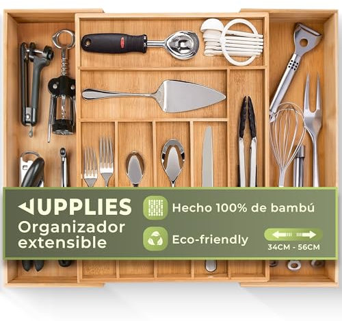 JUPPLIES Organizador Cajones - Cuberteros para Cajon Cocina Extensible 43x32-50x5 cm - Caja Organizadora para Utensilios hasta 8 Compartimentos - Bandeja de Bambu