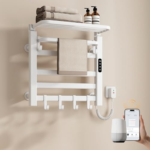 EMKE Elektrischer Badheizkörper 50x50 cm, 140W Handtuchwärmer mit WLAN-App-Steuerung, Kohlefaser Handtuchheizkörper mit klappbarer Ablage & 6 Haken, IPX5 spritzwassergeschützt, Weiß
