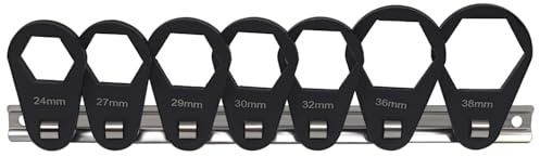 JEUCLEL 7PCS 6 Point 3/8 Drive Oil Filter Offset Cap Wrench Set, Crows Foot Ring Set, Universal 24-38mm Crowfoot Nut Wrench with Clip-on Organizer for Nut Removal and Mechanics Automotive Repair Work