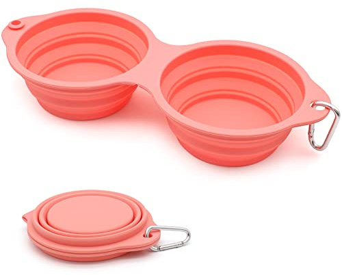 Bols pour Chiens Gamelles de Voyage Deux en Un Intégré Pliable Bol sans Rebord en Plastique,pour la Randonnée Le Camping pour Chiens Chats,Vert (Rose)
