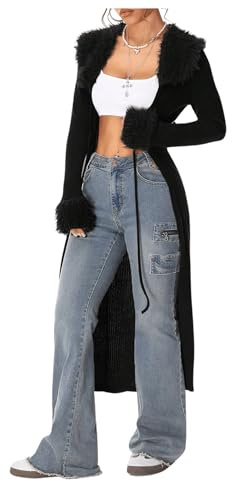 SOLY HUX Long Cardigans for Women Fur Trim Fuzzy Open Front Long Sleeve Tie-up Y2k Knitted Sweater Coats Pure Black Medium