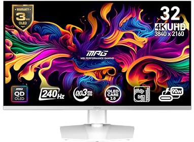 MSI MPG 321URXW QD-OLED 32-inch 3840 x 2160 (UHD) Computer Monitor, 240Hz, Adaptive-Synch, HDMI, DP Port, VESA Mountable, Tilt, Speaker, 0.03ms, White