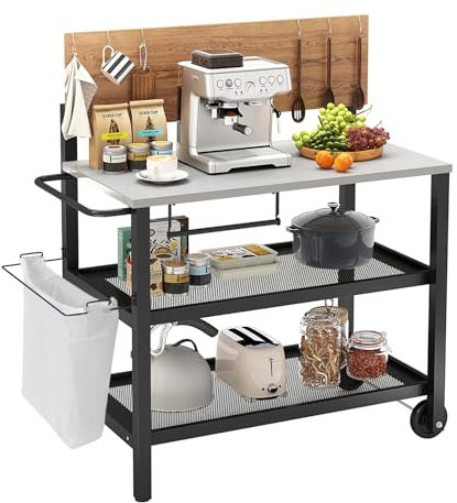 RELAX4LIFE Carrello Bar con Piano Ribaltabile, Supporto per Forno a 3 Ripiani con Ruote, Scaffali e Ganci, Carrello per Griglia con Porta Carta Asciugamani/Sacchetti, Carrello da Servizio da Esterno