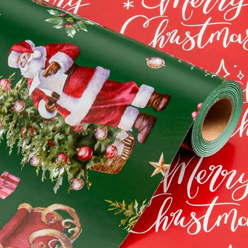 Wikadlik Weihnachts Geschenkpapier Minirolle Grün mit Weihnachtsmann im Schlitten und niedlichem Rentiermotiv für Winter, Feiertage, DIY und festliche Anlässe – 43cm x 10m