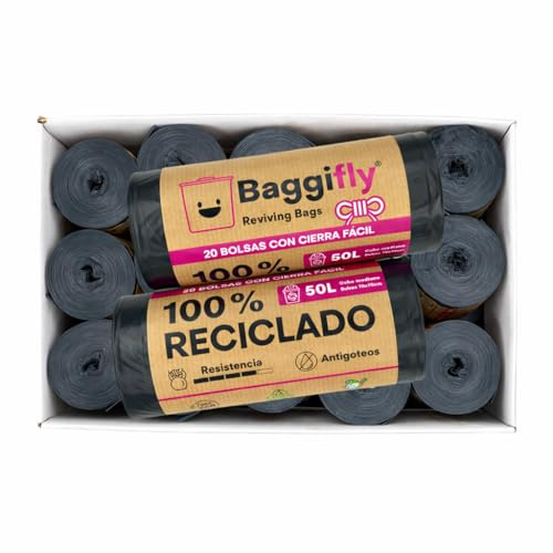Baggifly Bolsas de Basura 50L, 360 Bolsas Súper Resistentes, 100% Recicladas, Cierra Fácil, Producto ECO Friendly, Ideal para Hogares, Oficinas y Hostelería, Pack 18 x 20, Negro, Fabricado en España