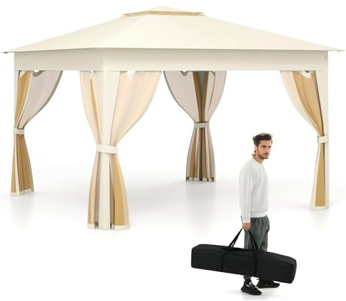 RELAX4LIFE Pavillon 3,38x3,38m Wasserabweisend Stabil Winterfest,Pop Up Faltpavillon,Gartenpavillon Höhenverstellbar mit 4 Moskitonetz Seitenteilen&Doppeldach,Partyzelt Faltbar mit Tragetasche (Beige)