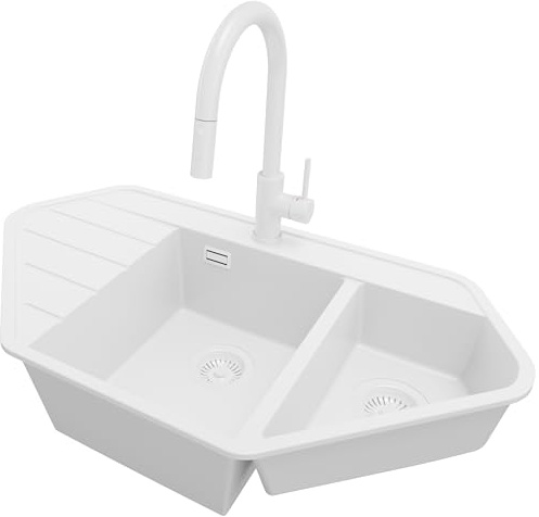 PRIMAGRAN Granitspüle ab 70er Unterschrank + Küchenarmatur, 90x50cm | Set: Küchenarmatur BW9010 + Ablauf-Set (Siphon, Ablaufgarnitur, Überlauf) + Spülbecken 1,5 Becken - Kopenhagen, Alles Weiß
