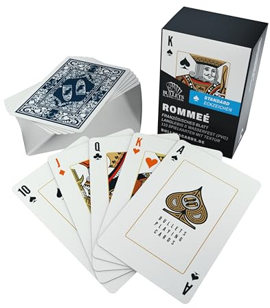 Bullets Playing Cards, Rommé Kartenspiel – 110 wasserfeste Spielkarten aus Kunststoff mit Leinenstruktur (2 x 55) – Rommeekarten mit französischem Bild – langlebiges Kartenset in Aufbewahrungsbox