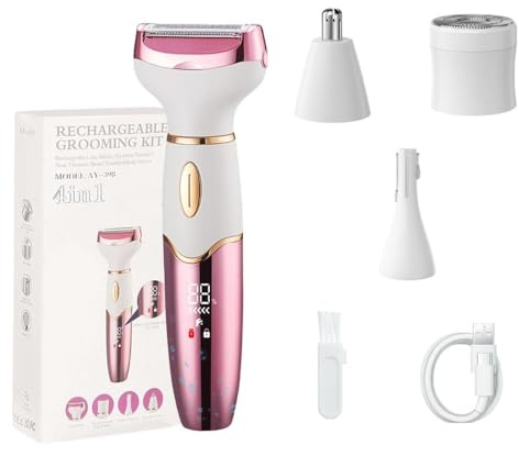 Elektrischer Damenrasierer 4 in 1, Intimrasierer Damen IPX7 Wasserdicht mit LED Display für Empfindliche Haut, USB Wiederaufladbar, Bikini Trimmer Damen für Beine, Achseln, Gesicht & Intimbereich