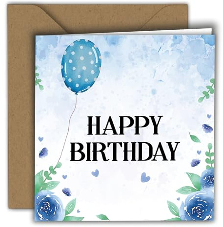 Geburtstagskarte Blaue Aquarellblumen & Luftballon - Happy Birthday | Klappkarte (15x15 cm) - mit Kraftumschlag - Innenseite blanko