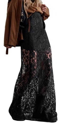 2025 Falda larga de encaje floral transparente para mujer Bodycon Falda de fiesta Maxi, Negro, S