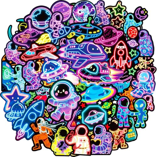 Space Stickers 56 Pcs Cool Neon Space Planets Astronaut Alien Sticker Pack, Prizes for Kids Classroom, Waterproof Vinyl Stickers for Water Bottles, Scrapbook, Journal, Skateboard, Laptop, Luggage etc