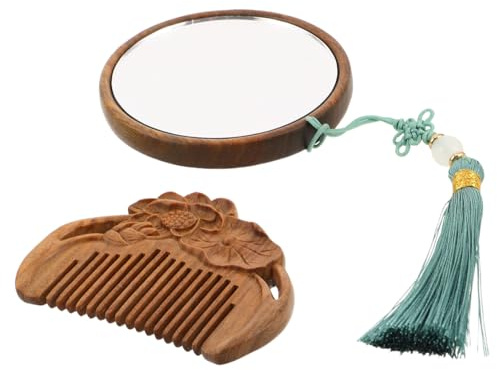 Gogogmee Taschenspiegel Kosmetikspiegel Holzkamm Vintage Handspiegel Mit Kamm Tragbarer Schminkspiegel Kleiner Handspiegel Holz Geschnitzter Kamm Hellbraun