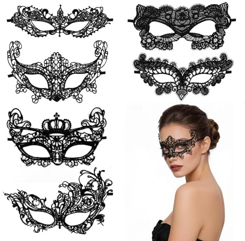 QGGTQG Spitze Maske, Venezianische Maske Damen 6 Stück Schwarz Sexy Lace Augenmaske für Frauen, Ballmaske, Lace Mask für Kostümpartys, Karneval, Halloween,Weihnachten, Themenpartys und Cosplay