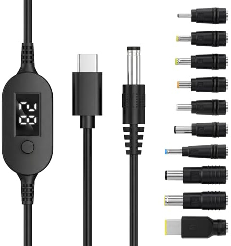 Seminer Cable adaptador USB C a CC PD con 10 puntas de conexión, salida de cable de alimentación tipo C a CC, voltaje ajustable 5V-9V-12V-15V-20V-28V PD cable de carga rápida, 3.2 pies