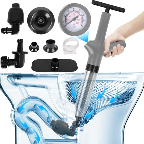 Toilet Plunger, Drain Clog Remover, High-Pressure Air Drain Blaster with Real-Time Barometer Powerful Drain Sink Plunger Plumbing Tools, Plungers for Bathroom Sink Floor Kitchen Clogged (Grey)