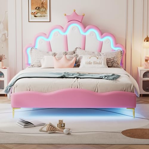 Merax Kinderbett 140x200 cm Prinzessin Bett - Polsterbett für Mädchen, Kronen-Doppelbett mit verstellbarem Kopfteil, LED-Streifen, aus PU-Leder Bettrahmen mit Lattenrost(ohne Matratze), Rosa