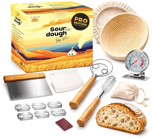 Sourdough Starter Kit - Complete Bread Making Kit with 9 Banneton, Liner, Lame, Scrapers & Danish Whisk | Handmade Indonesian Rattan, Artisan Bread & Gift Set (Pro Kit)