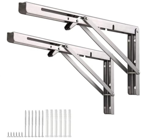 40cm Équerre Pliante Étagère en Acier Inoxydable Argent, 2 Pièces Support Tablette Rabattable Charge Lourde Max 80kg, Console Pliable pour Table Murale, Établi, Gain de Place