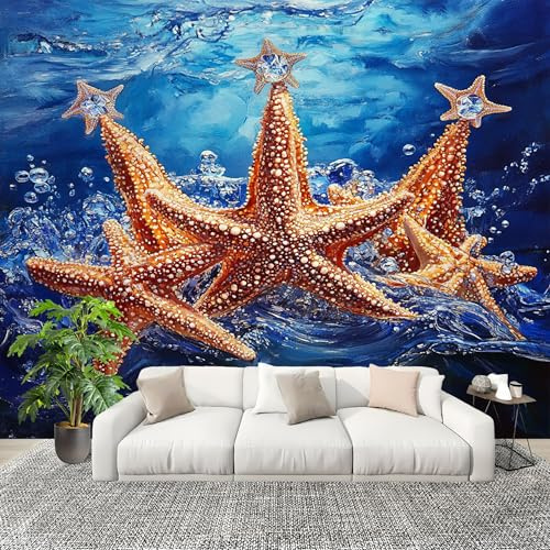 Fotográfico 3D HD No Tejido Tema Estrellas Mar OceáNicas ExtraíBle Papel Pintado Fotomural 200×140 cm Azul Resistente al agua y a las manchas Fácil Instalación Murales Panorámicos