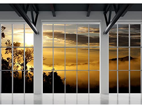 Runa Art Papier peint intissé 396 x 280 cm Fenêtre Sunset Afrique | Toison Décoration Murale Salon Chambre á Coucherr | Fabrication Allemande | Jaune blanc 9188012a