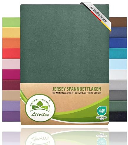leevitex® Spannbettlaken 140x200cm - 160x200 cm | Spannbetttuch Bettlaken | 100% Jersey Baumwolle | Matratzenhöhe bis 25 cm | Öko-Tex | Dunkelgrün