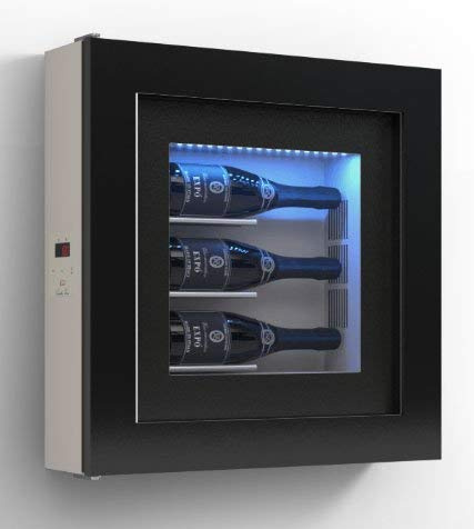 dafnedesign. com – Marco VINO – Expositor separados para tres botellas de horizontal. Estructura de metal. Estructura Puerta de aluminio. Marco de madera/HPL vetrocamera 20 mm. Junta magnético. Panel