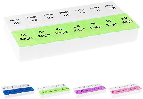 WELLGRO Tablettenbox für 7 Tage, je 2 Fächer pro Tag, 4 Farben zur Auswahl, Farbe:Grün