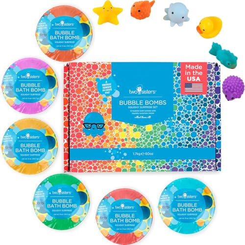 Squishy Bath Bombs for Girls & Boys with Surprise Toys Inside (6 Pack) - Large Bubble Bath Bombs & Hidden Figures, Gentle and Safe Fizzies, Made in USA, Gifts for Kids by Two Sisters