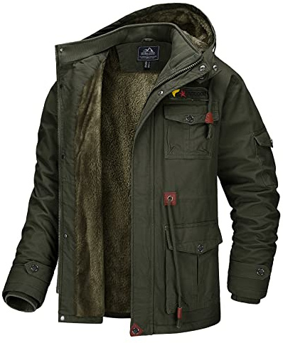 MAGCOMSEN Herren Winterjacke Freizeit Jacken Baumwolle Militär Jacken für Männer Cargo Bomber Fleecejacke Jagd Angeln Jacke mit Abnehmbare Kapuze Armeegrün 2XL