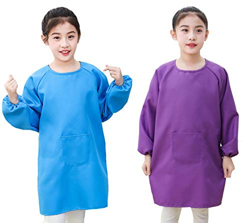 Lauthen.S 2 Pack Kids Art Smocks,Artist Painting Aprons Long Sleeve with Pocket for Toddler 8-12 Years(Blue/Purple)