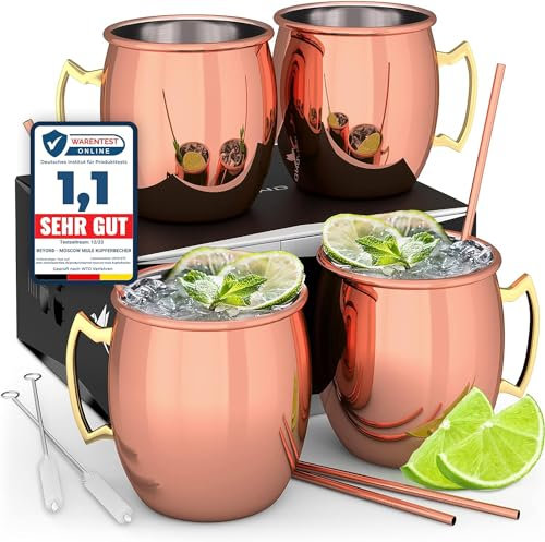 Beyond Moscow Mule - Juego de tazas de cobre con pajitas y caja de regalo I Moscú Mule taza de cobre con superficie tradicional lisa como taza de ginebra y para cóctel (4 unidades)