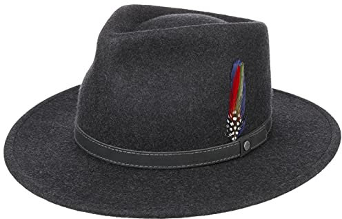 Stetson Bendova Fedora Wollhut Unifarbener Hut mit Federn Klassischer Bogart-Stil Ledergarniturband Herren Herbst Winter anthrazit XXL (62-63 cm)