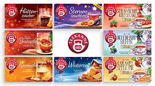 Teekanne 8er Set, Sternenleuchten, Hüttenzauber, Süßer Bratapfel, Kaminabend und Winterzeit + 3 x Sweeteas, 361 g