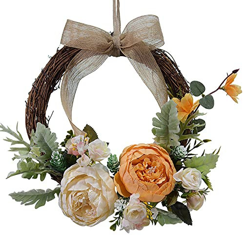 DADEA Corona de puerta, corona de peonía artificial, corona floral indecolorable, colgante de 10 pulgadas, corona de adorno para puerta delantera, primavera y verano, para exteriores