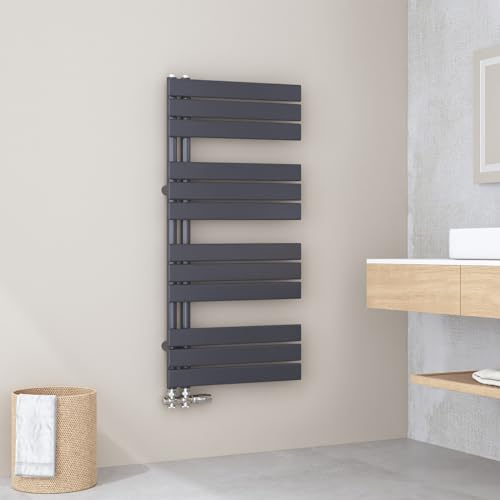 EMKE Handtuchheizkörper Flach 1320x500 mm, Badheizkörper Handtuchhalter mit Seitenanschluss, Effizienter Handtuchwärmer Handtuchtrockner Bad Heizkörper, Anthrazit, 695W