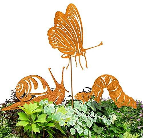 Terma Stahldesign Gartenstecker Set Schnecke Schmetterling Raupe – Rostfiguren aus Metall 22 cm breit – Spieß 40-45 cm – Wetterfeste Gartendeko Tierfiguren