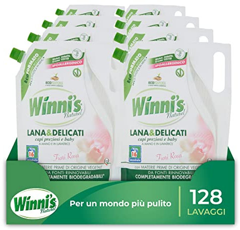 Winni's - Detersivo Liquido Bivalente per Lana e Delicati in Ecoformato, Ipoallergenico, 128 Lavaggi, Lavaggio a Mano e in Lavatrice, Essenza Fiori Rosa, 800 ml x 8 Confezioni