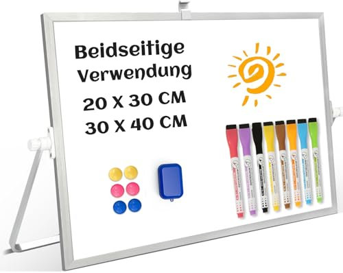 QUEENLINK Whiteboard Magnetisch, Beidseitige Verwendung Desktop Magnettafel klein, White Board Klein mit Ständer 20x30cm Schreibtafel Abwischbar