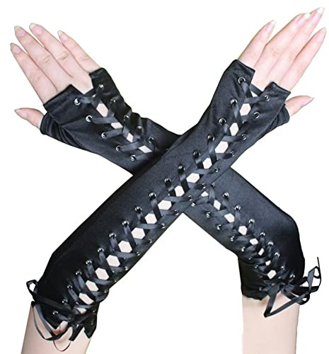 COSFAN Women's Lace Up Gloves,Ellenbogen Länge Satin Handschuhe,Schwarz Steampunk Handschuhe,Fingerlose Handschuhe für Prom Halloween