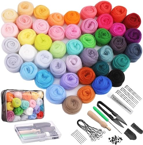 Reovin 45 Farben Nadelfilz Set, Filz Starterset Filzwolle Nadelfilzen Set | Filzset für Anfänger mit Filznadeln und Aufbewahrungstasche, Filzwolle Werkzeu für Trockenfilzen DIY Handwerk
