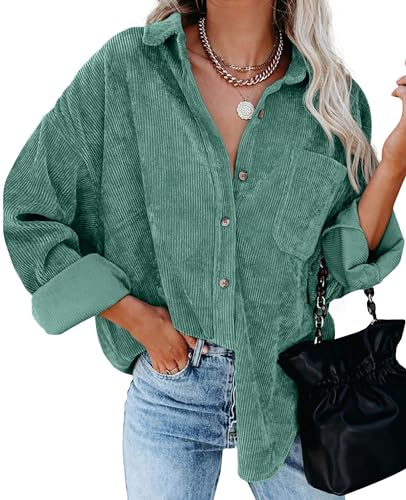 QIXING Womens Corduroy Oversized Shacket Button Down Boyfriend Shirts V Neck Cotton Long Sleeve Blouses with Pocket Casual Work Jacket for Women UK Ladies Tops Autumn Winter (Green, XL)
