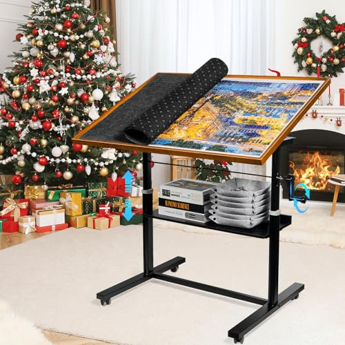 Sunix 1500 Pieces Jigsaw Puzzle Table with Legs, 36''x26'' Adjustable Height Board Cover & 6 Sorter Tray, 12-Tilting-Angle Portable Wooden for Adults, Enclosed Wheels, Reddish Brown