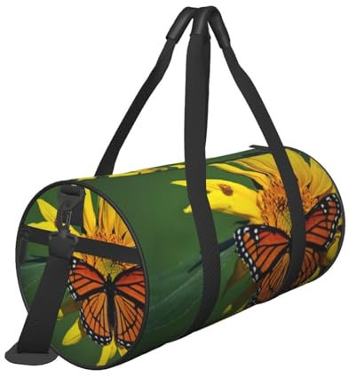 Reisetasche mit Sonnenblumen- und Schmetterlings-Aufdruck, mit Tasche und verstellbarem Riemen, große Sporttasche, modische Yoga-Tasche für Damen und Herren, Schwarz , Einheitsgröße