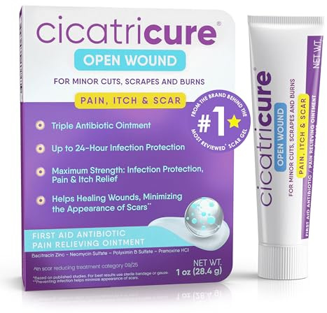 Cicatricure Triple Antibiotic Ointment with Pain Relief, Bacitracin Antibiotic Ointment & Cream for Wound Care, Healing Ointment for Cuts, Burns, Insect Bites, First Aid Supplies Essential, 1 oz