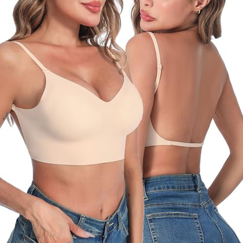 Crewhpo Soutien Gorge pour Dos Nu Invisible Soutien Gorge Push Up Pour Femme Deep V Soutien Gorge Sans Armature Brassiere Dos Bas En U Soutien Gorge Dos Transparent Beige-M