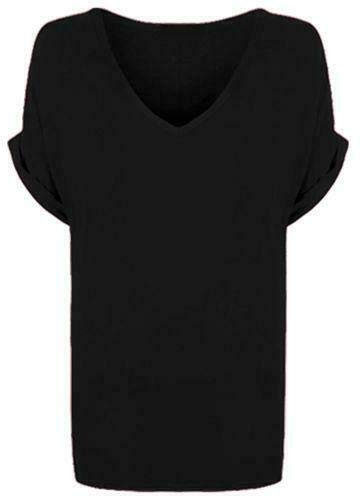 Shop Nova® Women's New Plus Size Womens Short Turn Up Sleeve Baggy Plain Top Ladies V-Neck T-Shirt 8-26 (Black, 16)
