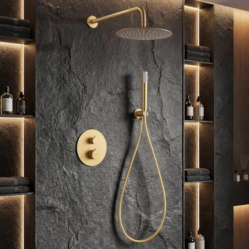 IMEX - Ducha Empotrada Termostática Dorada | Conjunto de Grifería Empotrado con Alcachofa y Rociador Antical Efecto Lluvia | Ducha Empotrada con Grifo en Latón y Acero Inox S.304 | Serie Line
